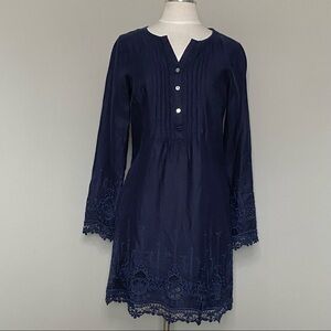 Malvin 100% Linen and Lace Trim Navy Embroidered Dress, Size Small 6